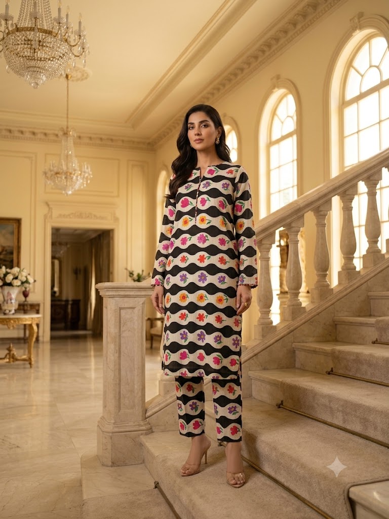 Elegant Floral Wave Printed 2-Piece Unstitch Lawn Suit – Premium Summer Collection