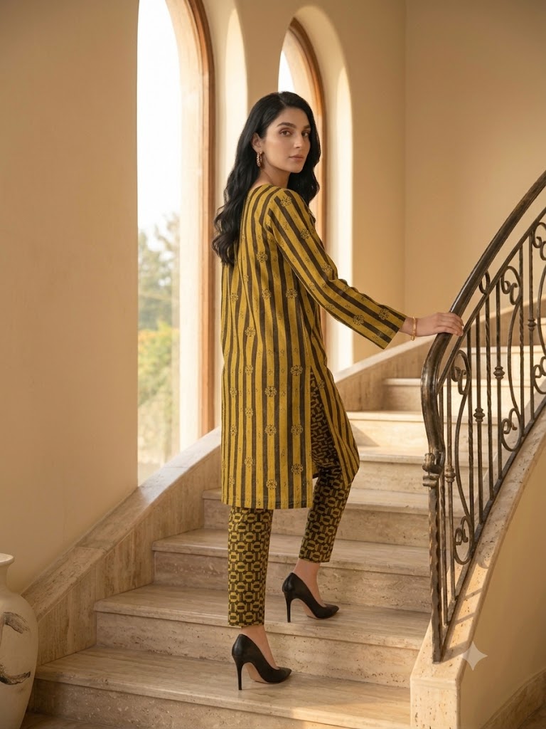 Mustard & Black Printed 2-Piece Unstitch Lawn Suit – Elegant Women's Casual Wear