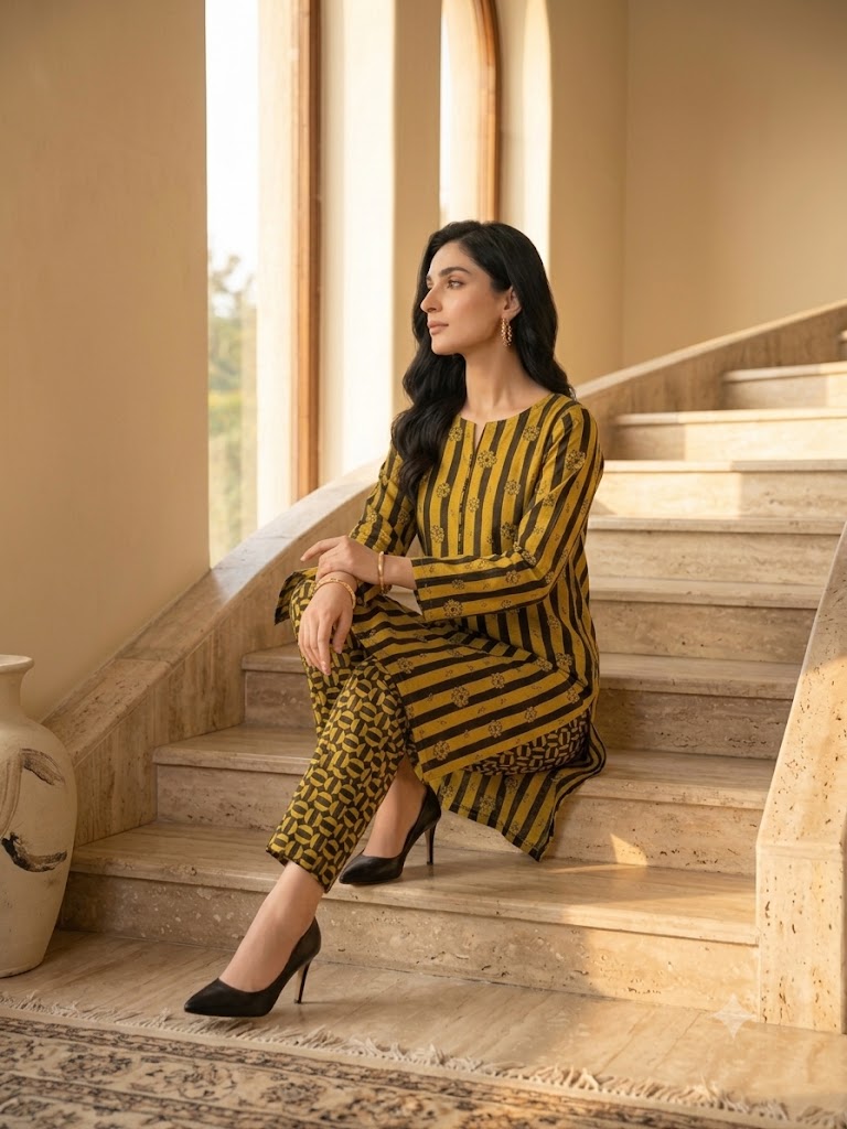 Mustard & Black Printed 2-Piece Unstitch Lawn Suit – Elegant Women's Casual Wear