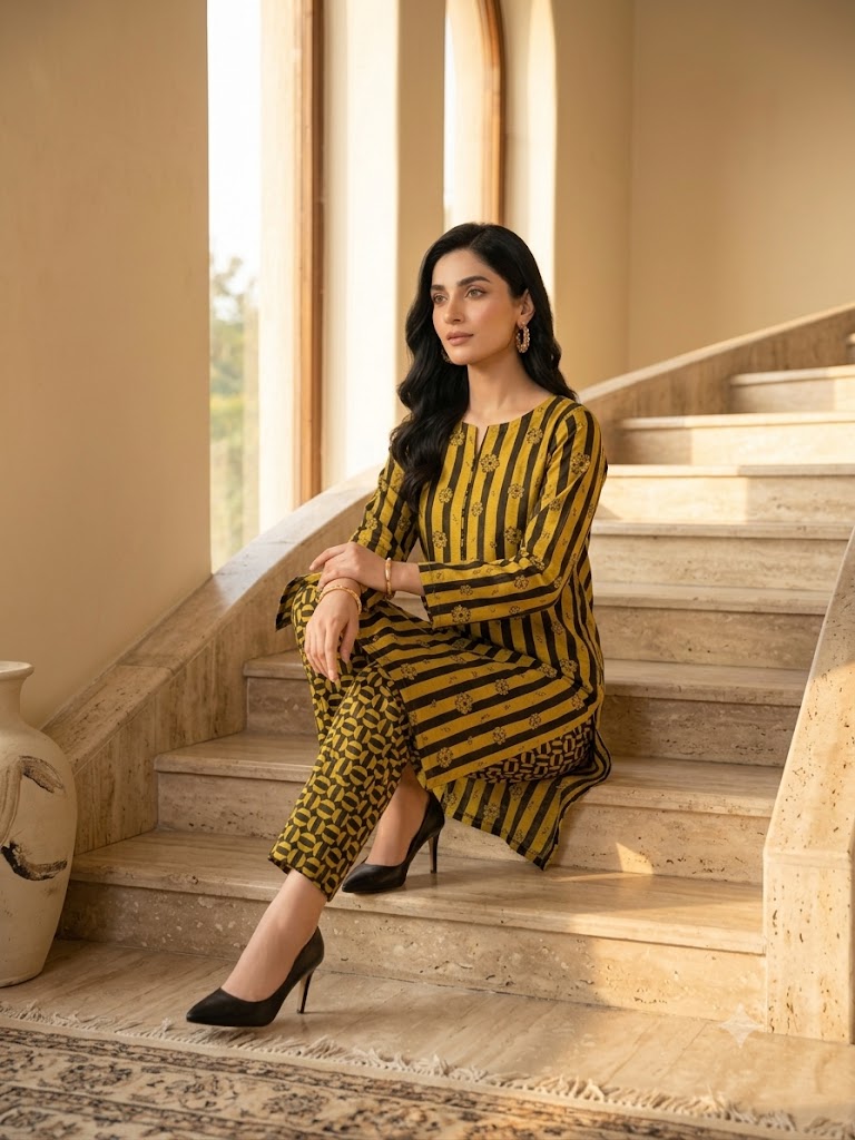 Mustard & Black Printed 2-Piece Unstitch Lawn Suit – Elegant Women's Casual Wear