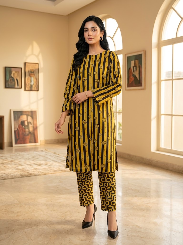 Mustard & Black Printed 2-Piece Unstitch Lawn Suit – Elegant Women's Casual Wear