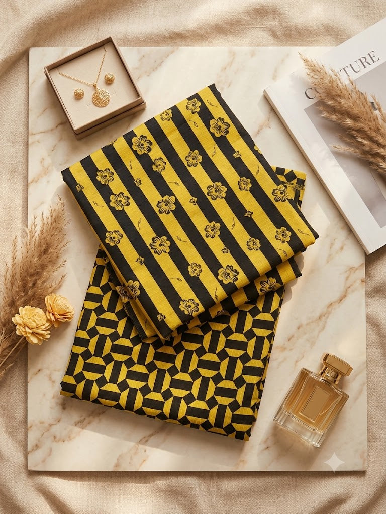Mustard & Black Printed 2-Piece Unstitch Lawn Suit – Elegant Women's Casual Wear
