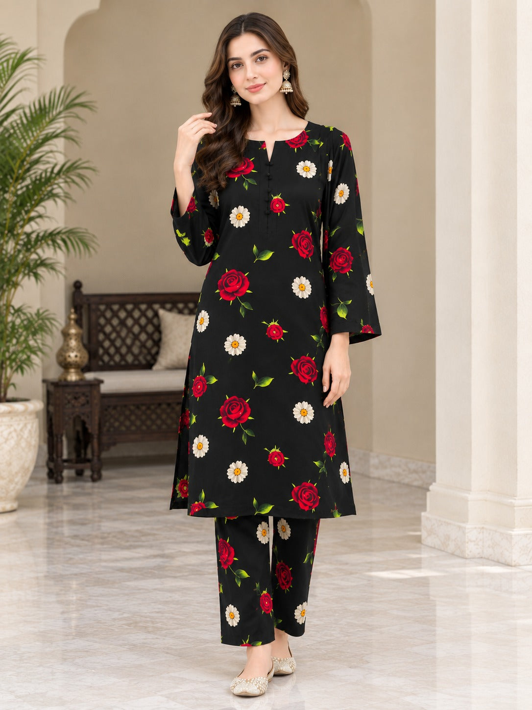 Floral Unstich  Stone Linen 2 Piece Suit